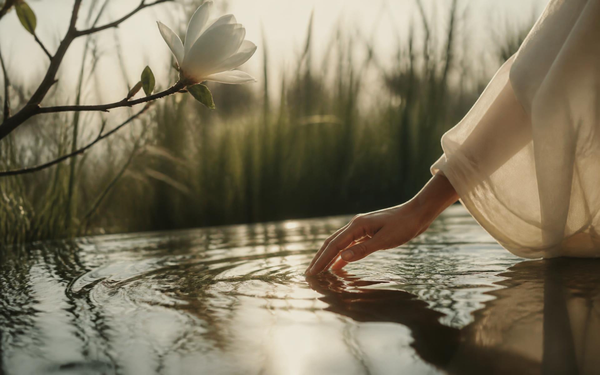 Sunlit water touched by a hand beneath a magnolia branch